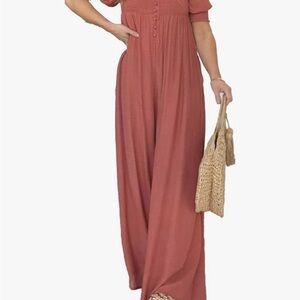 Orange and Pink Wide-Leg Jumpsuit with Puff Sleeves